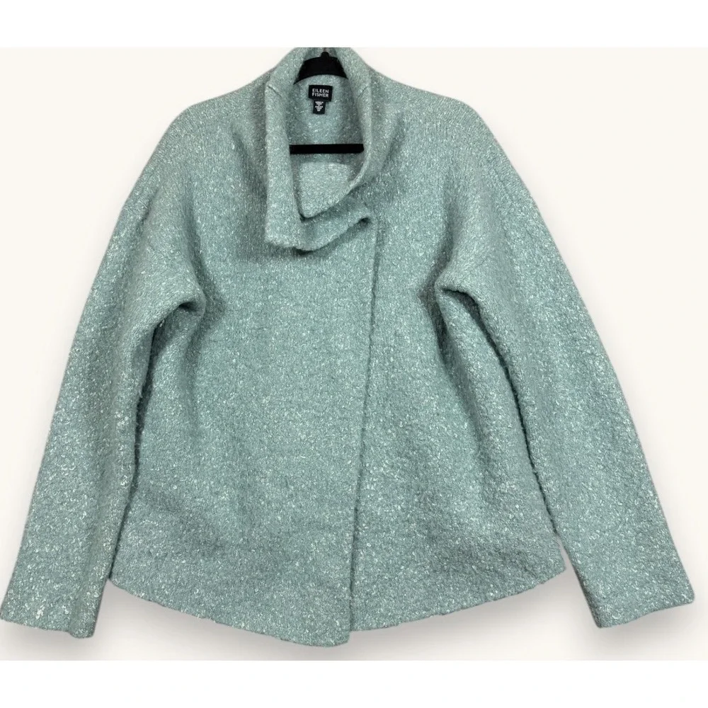 Eileen Fisher Boucle Sweater Jacket Womens M Blue Alpaca Wool Silk Comfy Fuzzy